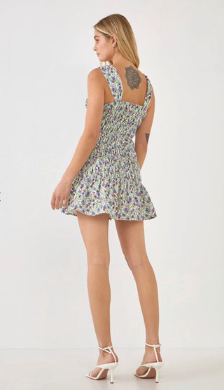Floral Scooped Back Mini Ruffled Dress