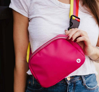 Hot Pink Solid Belt Bag with Striped Strap