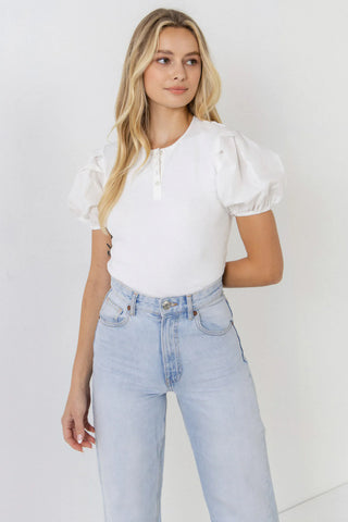 Mixed Media Puff Sleeve Henley Top