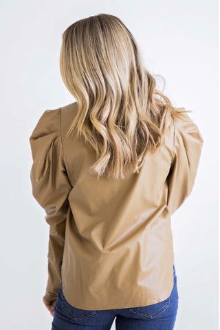 Pleather Puff Slv Top - Khaki