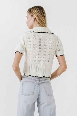 Short Puff Sleeve Scalloped Knit Top
